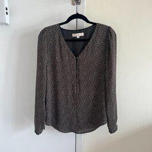 Small LOFT Blouse with Dark Grey, Red, & Cream Pattern
